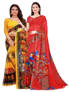 SAADHVI Pack of 2 Yellow & Red Floral Pure Georgette Saree