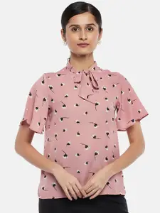 Annabelle by Pantaloons Pink & Black Floral Print Tie-Up Neck Top