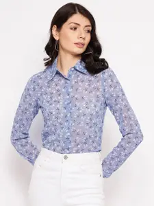 PURYS Women Grey Smart Floral Semi Sheer Printed Casual Shirt