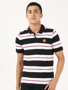 Lee Men Black & White Striped Polo Collar Slim Fit T-shirt