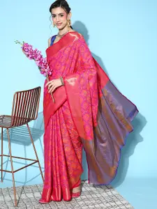 Mitera Pink & Blue Ethnic Motifs Silk Blend Saree
