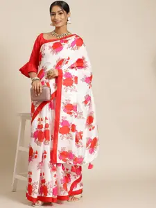 KALINI Cream-Coloured & Red Floral Jute Cotton Chanderi Saree