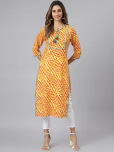 JAIPUR ATTIRE Women Orange & Yellow Leheriya Printed Gotta Patti  Pure Cotton Kurta