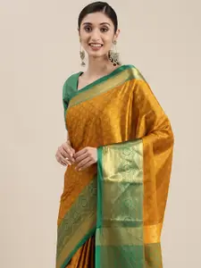 Mitera Mustard Yellow Ethnic Motifs Zari Silk Cotton Banarasi Saree