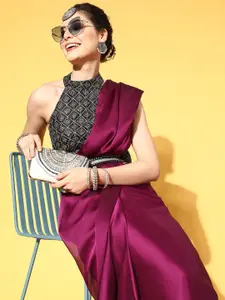 Mitera Magenta Solid Embellished Saree