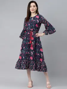Indibelle Navy Blue & Pink Ethnic Motifs Bell Sleeves Ethnic A-Line Midi Dress