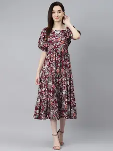 Indibelle Burgundy & Orange Floral Puff Sleeves Midi Dress