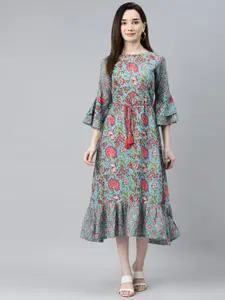 Indibelle Turquoise Blue & Red Ethnic Motifs Printed Bell Sleeves Ethnic A-Line Midi Dress