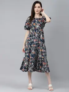 Indibelle Navy Blue Floral Puff Sleeves Midi Dress