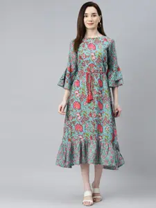 Indibelle Turquoise Blue & Red Floral Bell Sleeves Ethnic A-Line Midi Dress