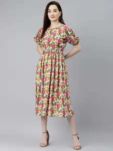 Indibelle White & Pink Tropical Printed Puff Sleeves Midi Dress