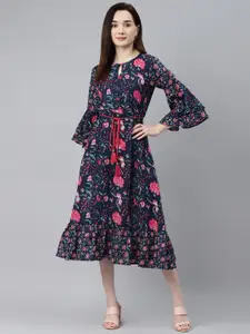Indibelle Navy Blue & Pink Ethnic Motifs Bell Sleeves Ethnic A-Line Midi Dress