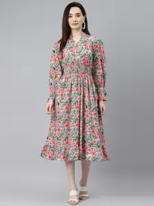 Indibelle White & Pink Tropical Bell Sleeves A-Line Maxi Dress