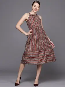 Varanga Rust & Grey Striped Midi A-line  Dress