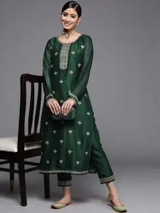 Libas Women Green & White Yoke Design Floral Motifs Straight Kurta