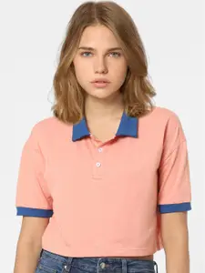 ONLY Women Coral & Blue Polo Collar T-shirt