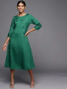 PINKSKY Green & Blue Embroidered A-Line Midi Dress