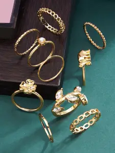 AMI Set Of 10 Gold-Plated White Stone-Studded & Beaded Finger Rings