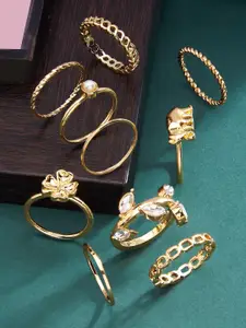 AMI Set Of 10 Gold-Plated White Stone-Studded & Beaded Finger Rings