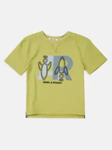 Angel & Rocket Boys Green Typography Printed T-shirt