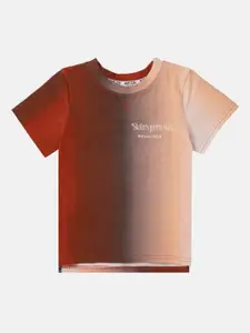 Angel & Rocket Boys Orange & Maroon Typography Colourblocked T-shirt