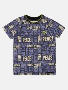 Angel & Rocket Boys Blue & Cream-Coloured Typography Printed T-shirt