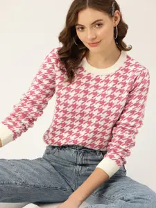 4WRD by Dressberry 4WRD by Dressberry Women Pink & Off White Houndstooth Pattern Pullover