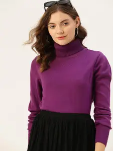 DressBerry Women Purple Solid Turtleneck Sweater