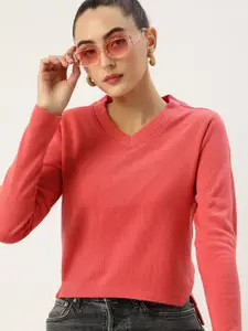 DressBerry Women Coral Pink Solid Pullover