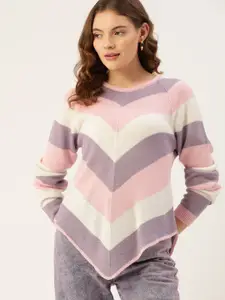 DressBerry Women White & Pink Striped Pullover
