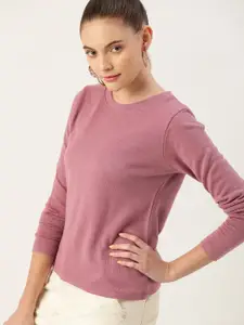 DressBerry DressBerry Women Mauve Solid Round Neck Knitted Pullover