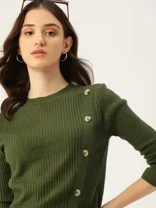 DressBerry Women Green Self-Striped Button Detail Pullover