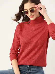 DressBerry Women Red Self Design Pullover with Turtle Neck