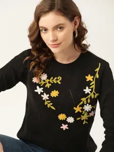 DressBerry Women Black & Green Floral Embroidered Pullover