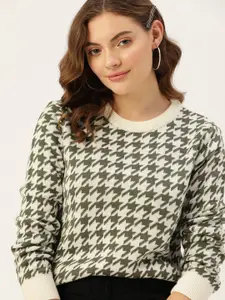 Dressberry Women Off-White & Olive Green Houndstooth Pullover