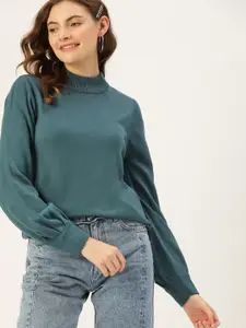 DressBerry Women Teal Blue Solid Puff Sleeve Pullover