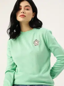 DressBerry Women Green Solid Acrylic Sweater With Patchwork Detail