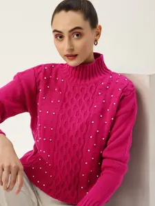 Dressberry Women Pink Cable Knit Pullover with Embellished Detail