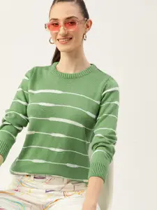 DressBerry Women Green & White Striped Acrylic Pullover