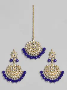 I Jewels Gold Plated & Navy Blue Studded Maang Tikka with Earring Set