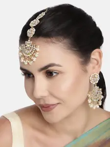 I Jewels Gold Plated & White Chandbali Earrings with Maang Tikka Set