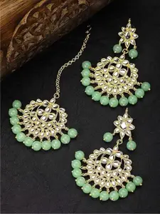 I Jewels Gold Plated & Green Studded Maang Tikka with Earring Set
