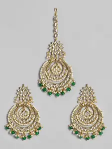 I Jewels Gold Plated & Green Chandbali Earring Set With Maang Tikka