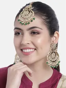 I Jewels Gold Plated & Green Chandbali Earring Set With Maang Tikka