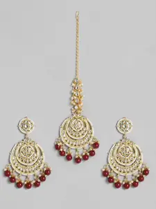 I Jewels Gold Plated & Maroon Chandbali Earrings with Maang Tikka