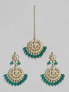 I Jewels Gold Plated & Green Studded Maang Tikka with Earring Set