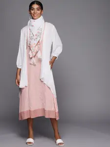 PINKSKY Pink & White Floral Embroidered A-Line Midi Dress with Dupatta
