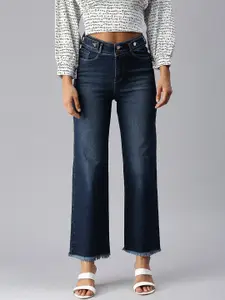 SHOWOFF Women Blue Wide Leg High-Rise Light Fade Cropped Stretchable Denim Jeans