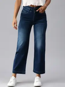 SHOWOFF Women Blue Wide Leg High-Rise Low Distress Light Fade Stretchable Jeans