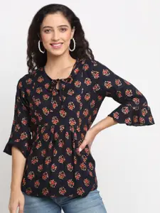 KALINI Navy Blue Floral Print Tie-Up Neck Top